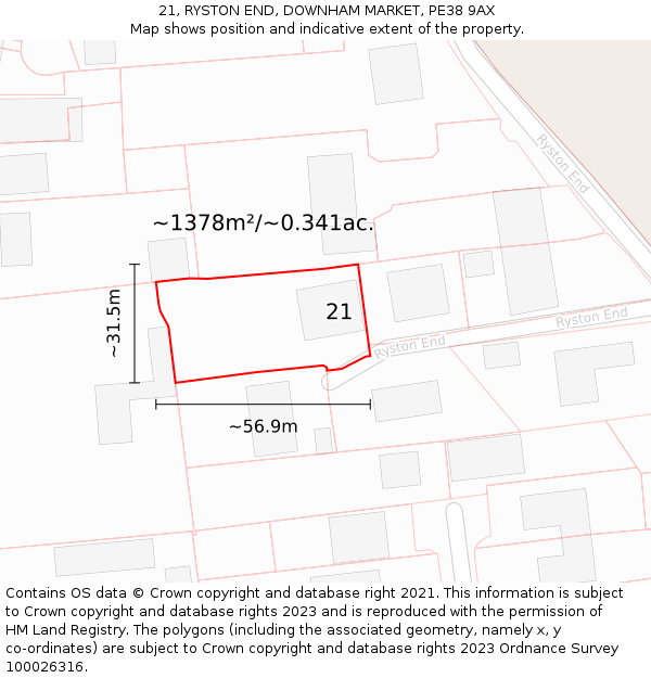 21, RYSTON END, DOWNHAM MARKET, PE38 9AX: Plot and title map