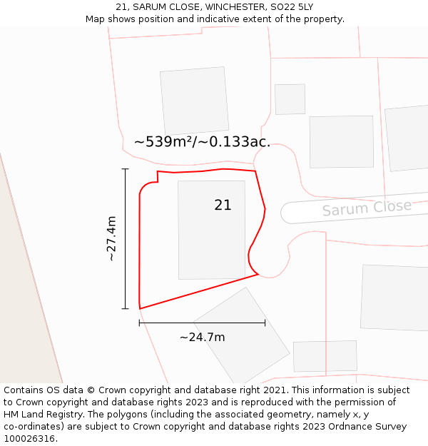 21, SARUM CLOSE, WINCHESTER, SO22 5LY: Plot and title map