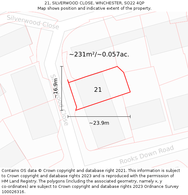 21, SILVERWOOD CLOSE, WINCHESTER, SO22 4QP: Plot and title map