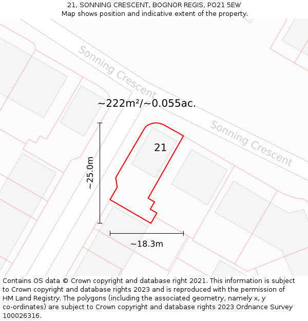 21, SONNING CRESCENT, BOGNOR REGIS, PO21 5EW: Plot and title map