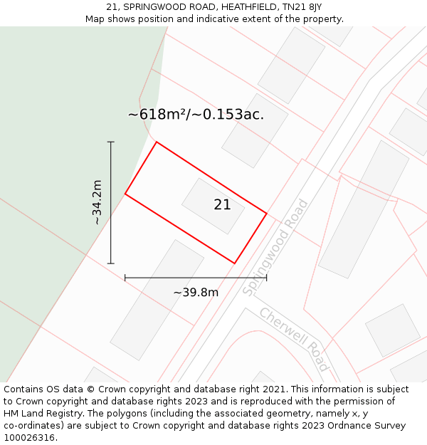 21, SPRINGWOOD ROAD, HEATHFIELD, TN21 8JY: Plot and title map