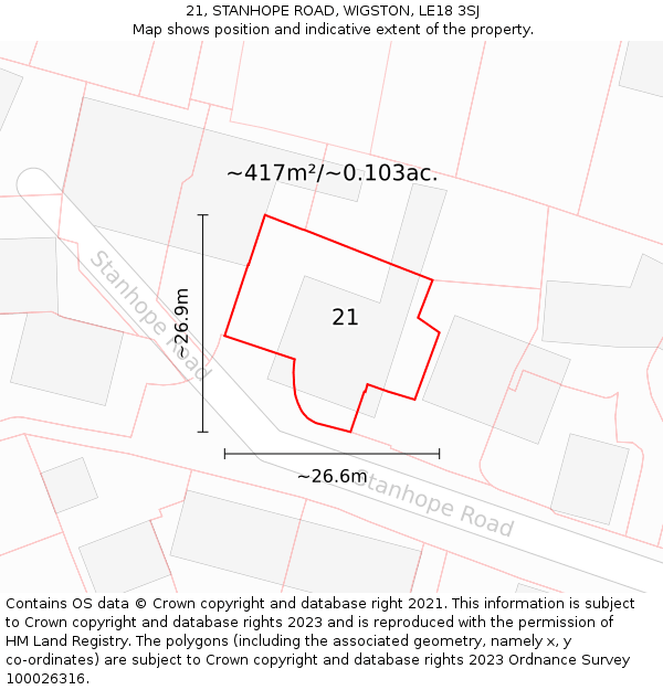 21, STANHOPE ROAD, WIGSTON, LE18 3SJ: Plot and title map