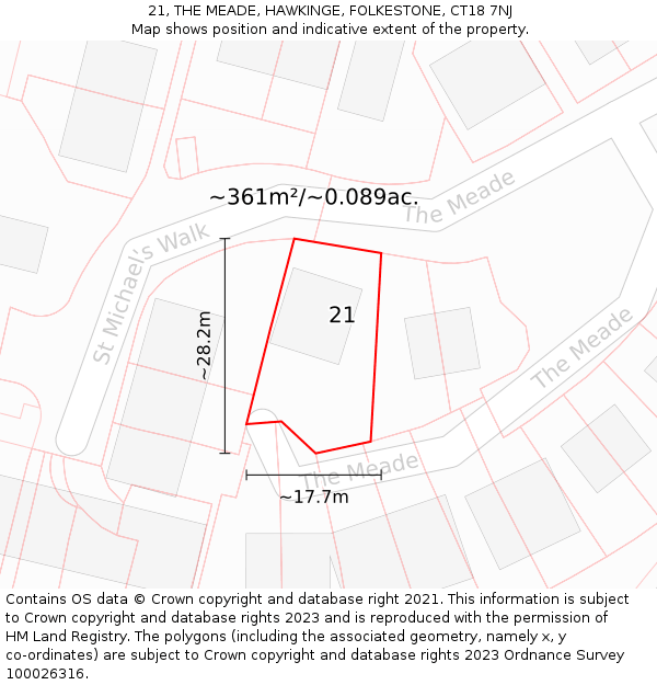 21, THE MEADE, HAWKINGE, FOLKESTONE, CT18 7NJ: Plot and title map