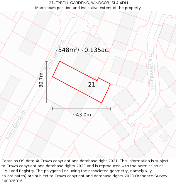 21, TYRELL GARDENS, WINDSOR, SL4 4DH: Plot and title map