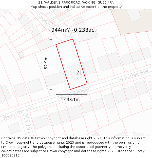 21, WALDENS PARK ROAD, WOKING, GU21 4RN: Plot and title map