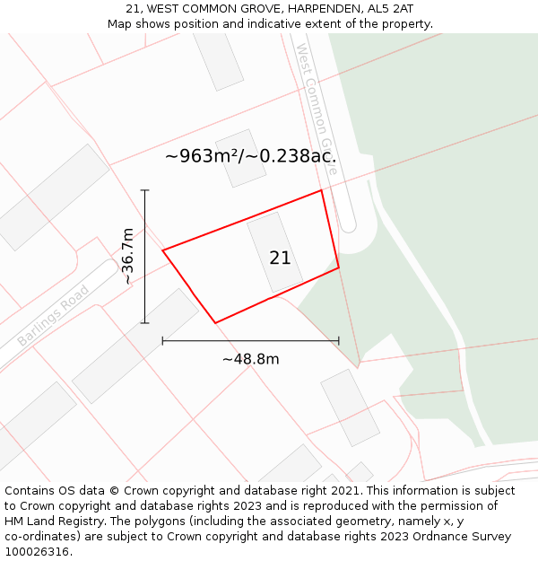 21, WEST COMMON GROVE, HARPENDEN, AL5 2AT: Plot and title map