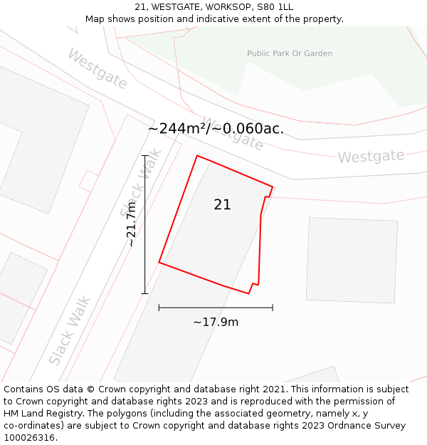 21, WESTGATE, WORKSOP, S80 1LL: Plot and title map