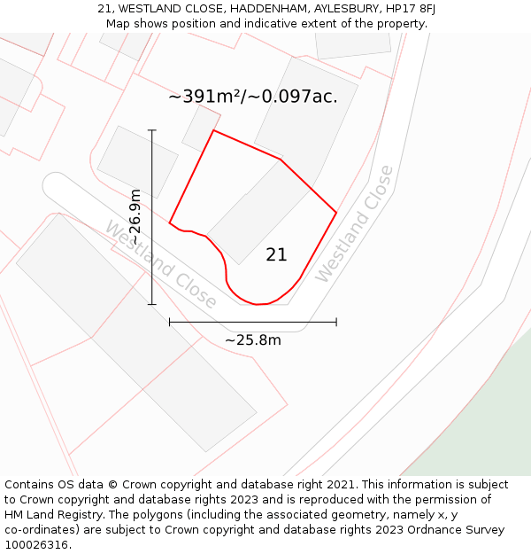 21, WESTLAND CLOSE, HADDENHAM, AYLESBURY, HP17 8FJ: Plot and title map