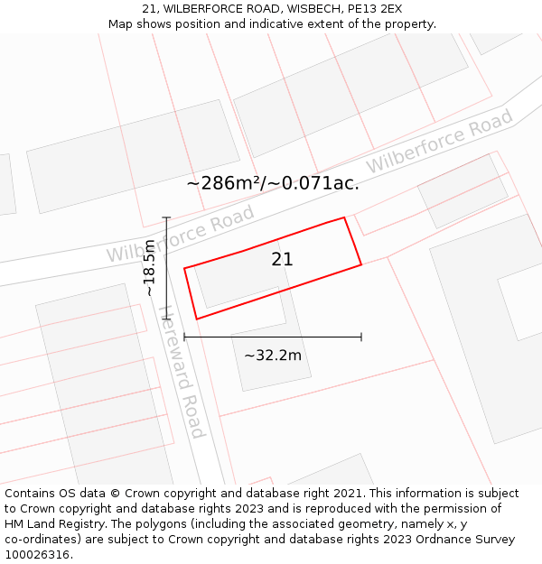 21, WILBERFORCE ROAD, WISBECH, PE13 2EX: Plot and title map