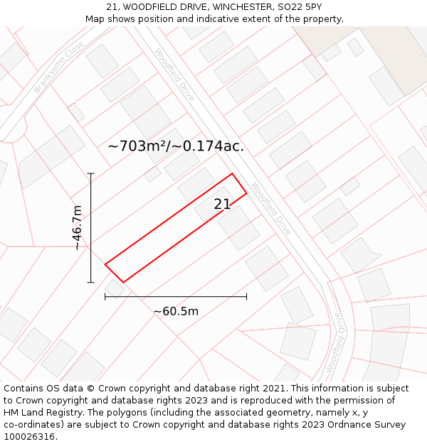 21, WOODFIELD DRIVE, WINCHESTER, SO22 5PY: Plot and title map