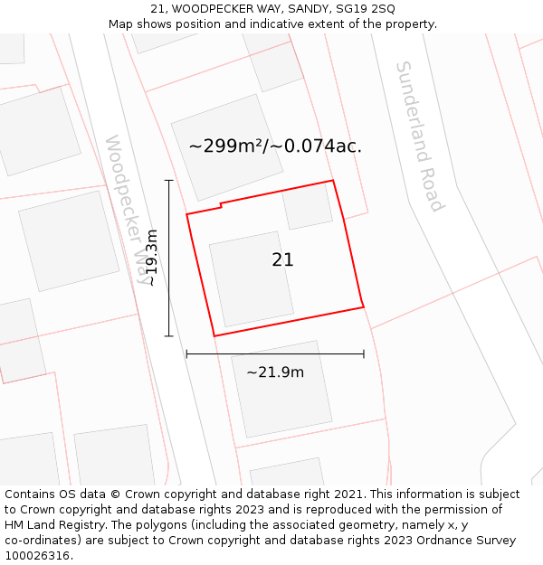 21, WOODPECKER WAY, SANDY, SG19 2SQ: Plot and title map