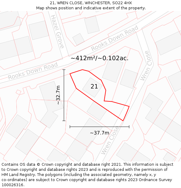 21, WREN CLOSE, WINCHESTER, SO22 4HX: Plot and title map