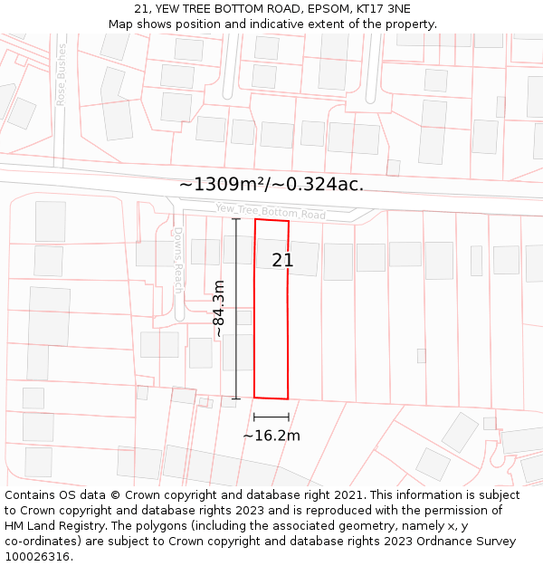 21, YEW TREE BOTTOM ROAD, EPSOM, KT17 3NE: Plot and title map