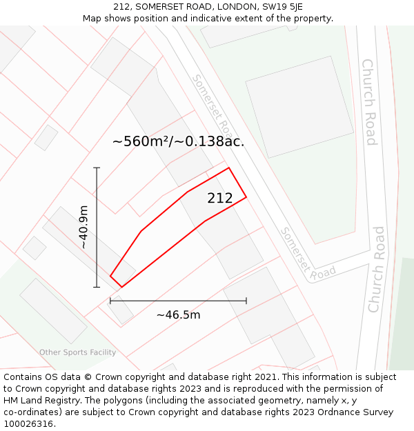 212, SOMERSET ROAD, LONDON, SW19 5JE: Plot and title map