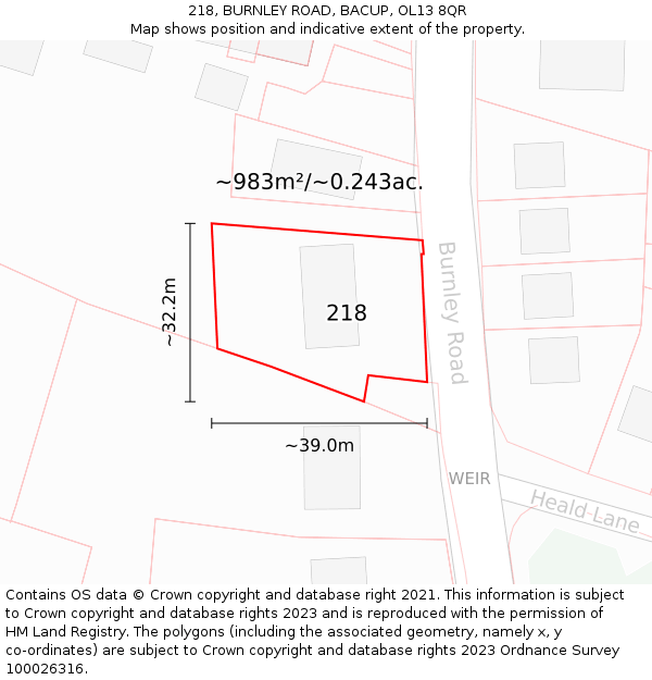 218, BURNLEY ROAD, BACUP, OL13 8QR: Plot and title map