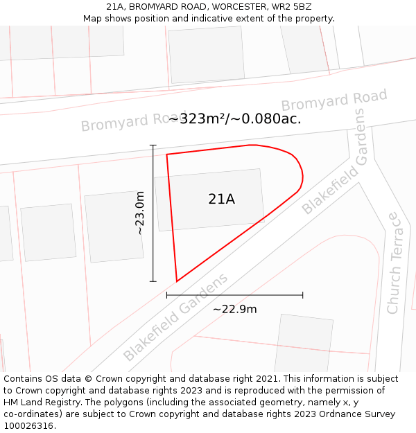 21A, BROMYARD ROAD, WORCESTER, WR2 5BZ: Plot and title map