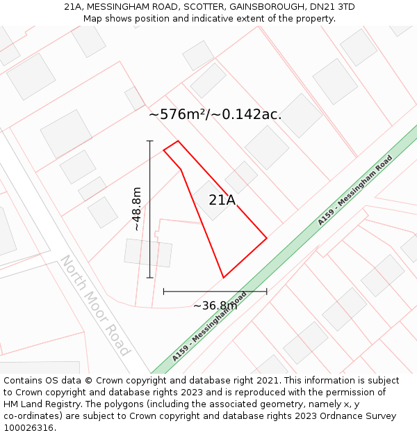 21A, MESSINGHAM ROAD, SCOTTER, GAINSBOROUGH, DN21 3TD: Plot and title map