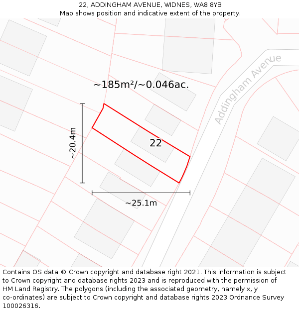 22, ADDINGHAM AVENUE, WIDNES, WA8 8YB: Plot and title map