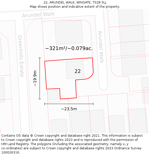 22, ARUNDEL WALK, WINGATE, TS28 5LJ: Plot and title map