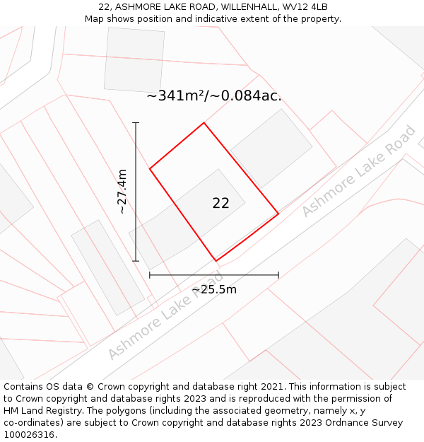 22, ASHMORE LAKE ROAD, WILLENHALL, WV12 4LB: Plot and title map