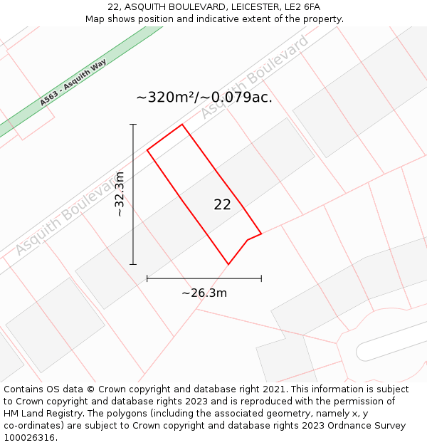 22, ASQUITH BOULEVARD, LEICESTER, LE2 6FA: Plot and title map