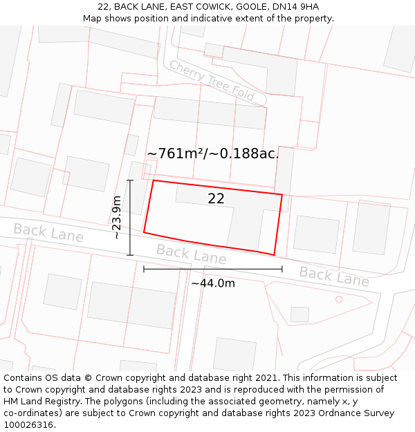 22, BACK LANE, EAST COWICK, GOOLE, DN14 9HA: Plot and title map