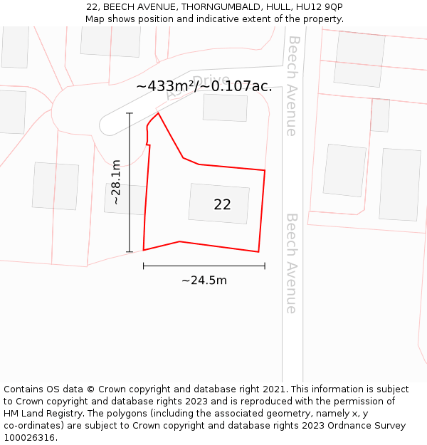 22, BEECH AVENUE, THORNGUMBALD, HULL, HU12 9QP: Plot and title map