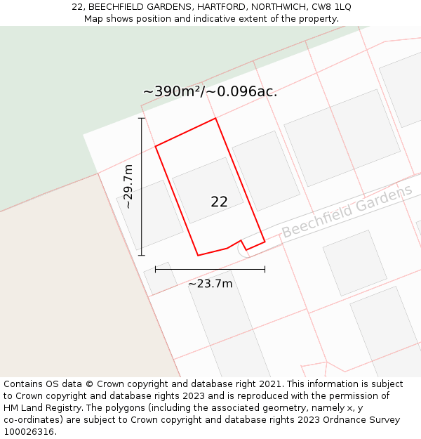 22, BEECHFIELD GARDENS, HARTFORD, NORTHWICH, CW8 1LQ: Plot and title map