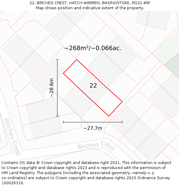 22, BIRCHES CREST, HATCH WARREN, BASINGSTOKE, RG22 4RP: Plot and title map