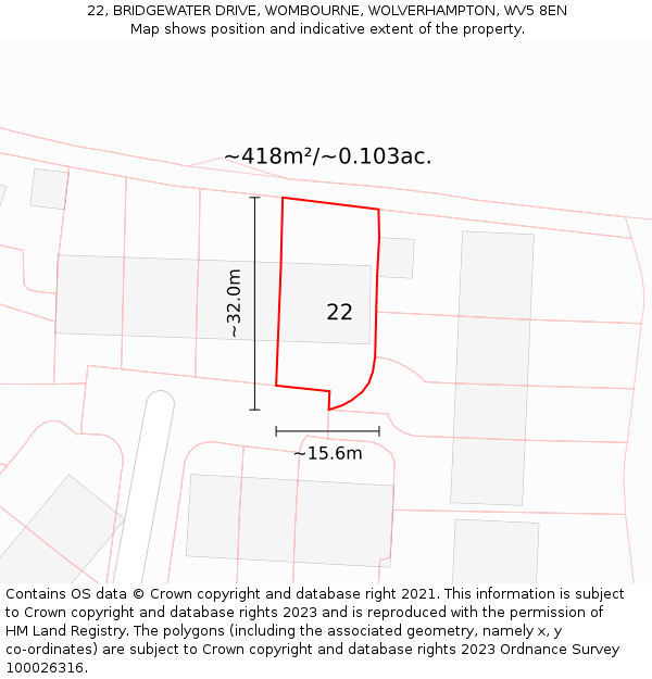 22, BRIDGEWATER DRIVE, WOMBOURNE, WOLVERHAMPTON, WV5 8EN: Plot and title map