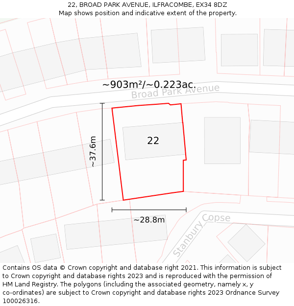 22, BROAD PARK AVENUE, ILFRACOMBE, EX34 8DZ: Plot and title map