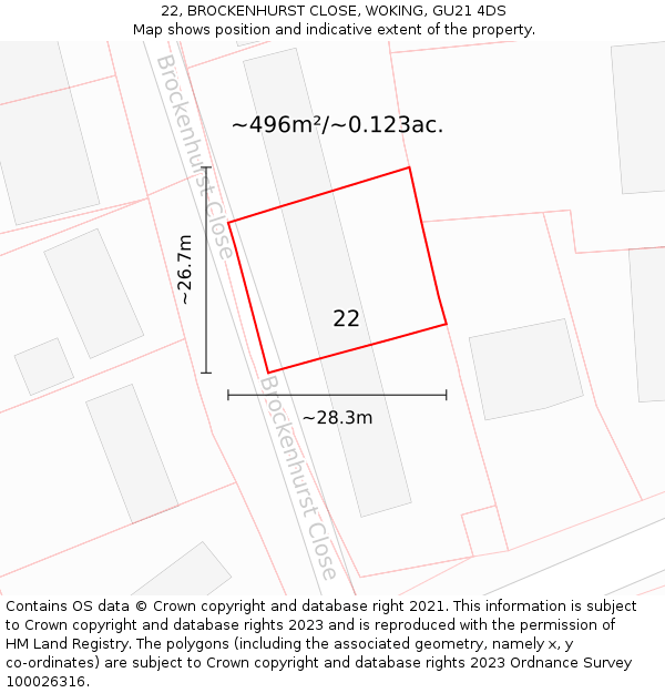 22, BROCKENHURST CLOSE, WOKING, GU21 4DS: Plot and title map