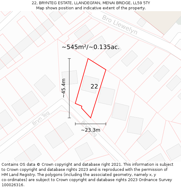 22, BRYNTEG ESTATE, LLANDEGFAN, MENAI BRIDGE, LL59 5TY: Plot and title map