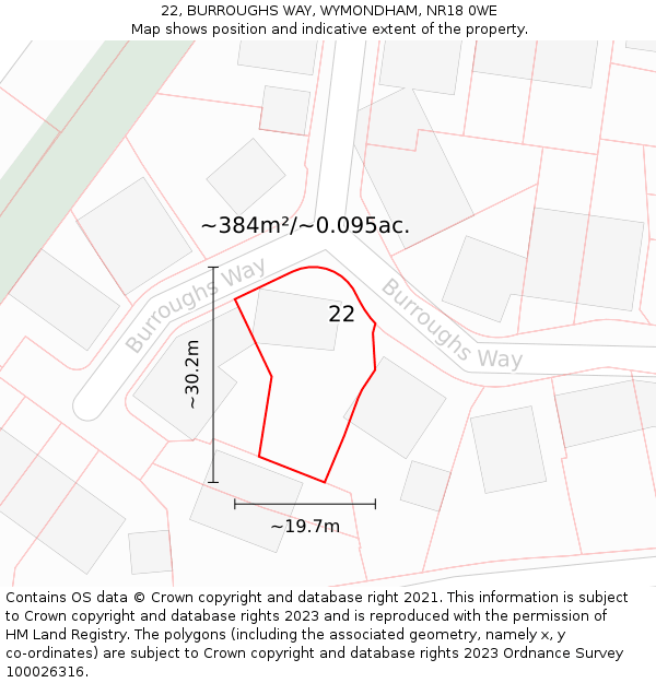 22, BURROUGHS WAY, WYMONDHAM, NR18 0WE: Plot and title map