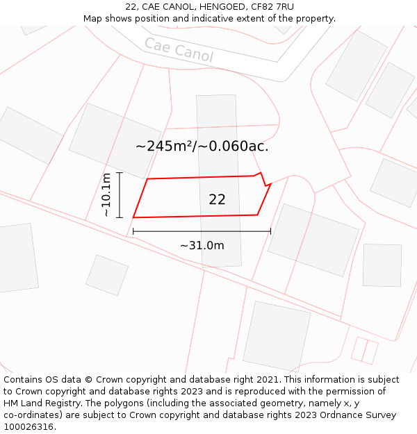 22, CAE CANOL, HENGOED, CF82 7RU: Plot and title map