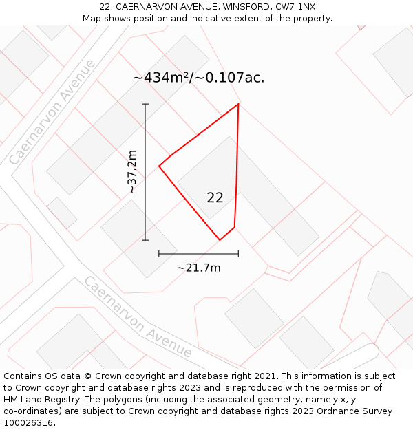 22, CAERNARVON AVENUE, WINSFORD, CW7 1NX: Plot and title map