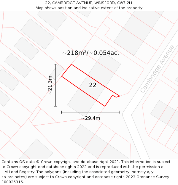 22, CAMBRIDGE AVENUE, WINSFORD, CW7 2LL: Plot and title map