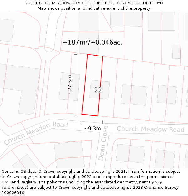 22, CHURCH MEADOW ROAD, ROSSINGTON, DONCASTER, DN11 0YD: Plot and title map