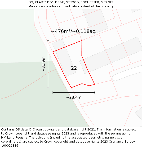 22, CLARENDON DRIVE, STROOD, ROCHESTER, ME2 3LT: Plot and title map