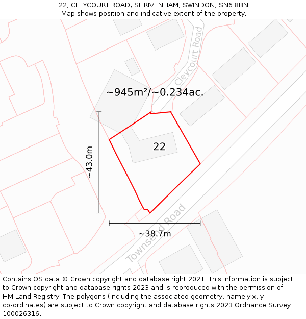 22, CLEYCOURT ROAD, SHRIVENHAM, SWINDON, SN6 8BN: Plot and title map