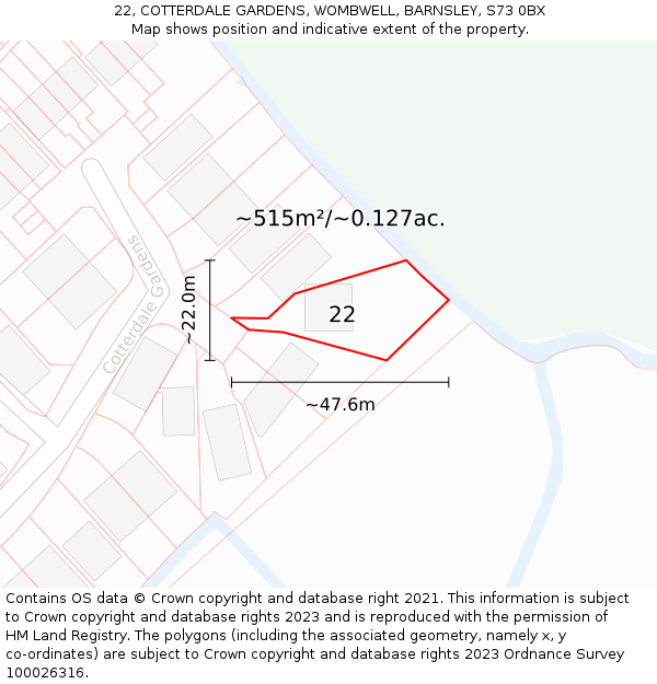 22, COTTERDALE GARDENS, WOMBWELL, BARNSLEY, S73 0BX: Plot and title map