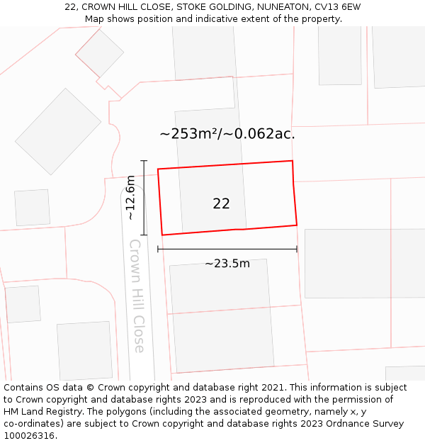 22, CROWN HILL CLOSE, STOKE GOLDING, NUNEATON, CV13 6EW: Plot and title map