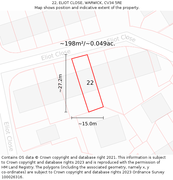 22, ELIOT CLOSE, WARWICK, CV34 5RE: Plot and title map