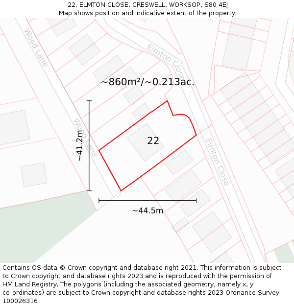 22, ELMTON CLOSE, CRESWELL, WORKSOP, S80 4EJ: Plot and title map