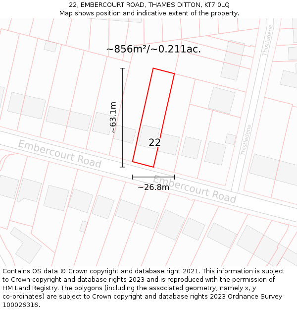 22, EMBERCOURT ROAD, THAMES DITTON, KT7 0LQ: Plot and title map