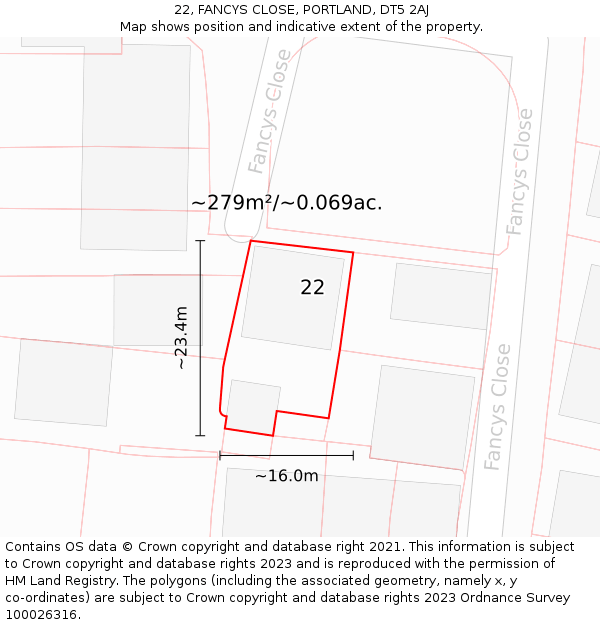 22, FANCYS CLOSE, PORTLAND, DT5 2AJ: Plot and title map