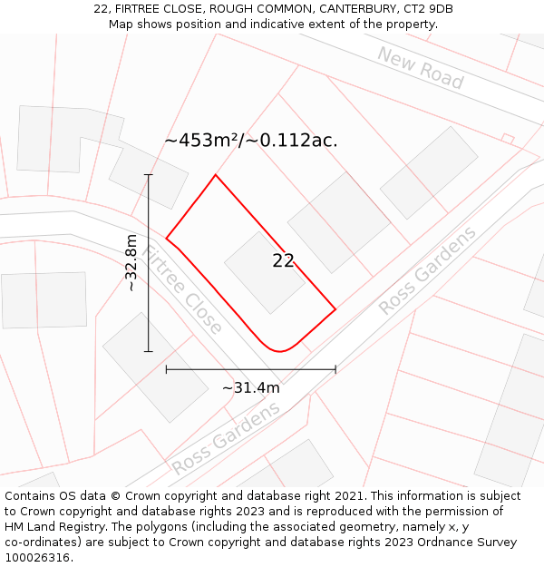 22, FIRTREE CLOSE, ROUGH COMMON, CANTERBURY, CT2 9DB: Plot and title map