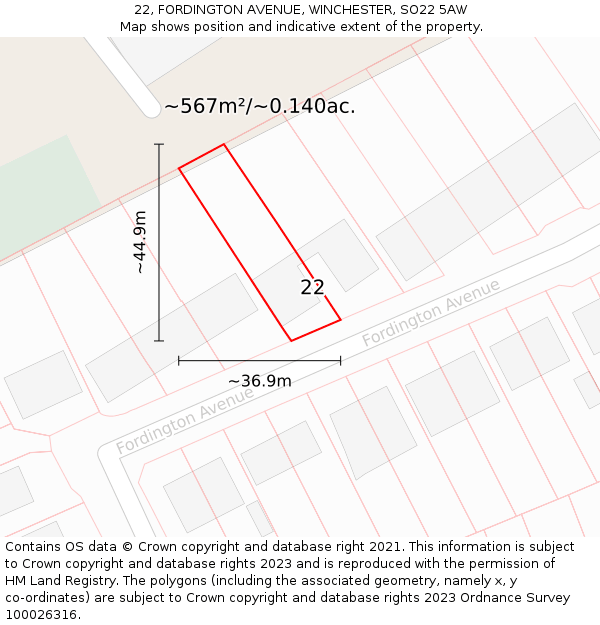 22, FORDINGTON AVENUE, WINCHESTER, SO22 5AW: Plot and title map