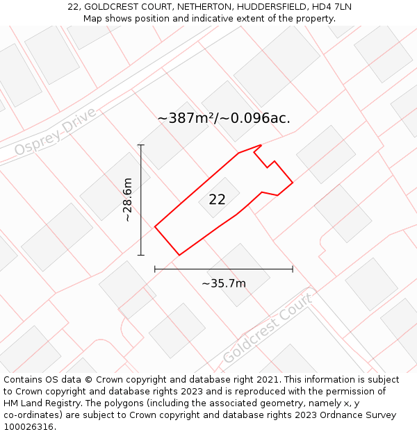 22, GOLDCREST COURT, NETHERTON, HUDDERSFIELD, HD4 7LN: Plot and title map