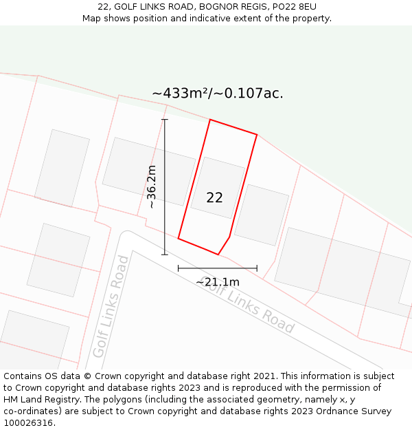 22, GOLF LINKS ROAD, BOGNOR REGIS, PO22 8EU: Plot and title map